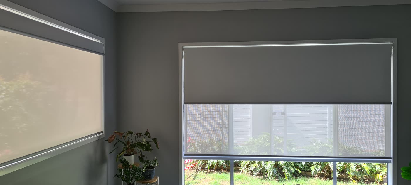 Sunscreen roller blind keeping the garden view, with a blockout layer above on the same window