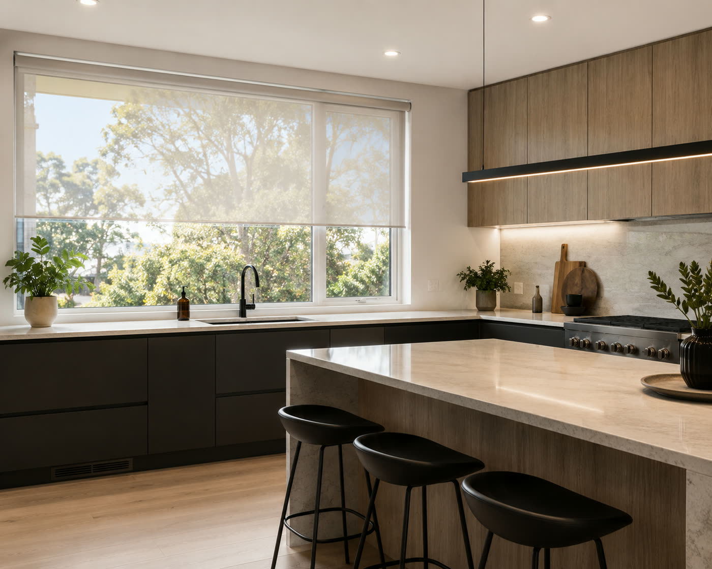 Translucent roller blind over a modern kitchen window