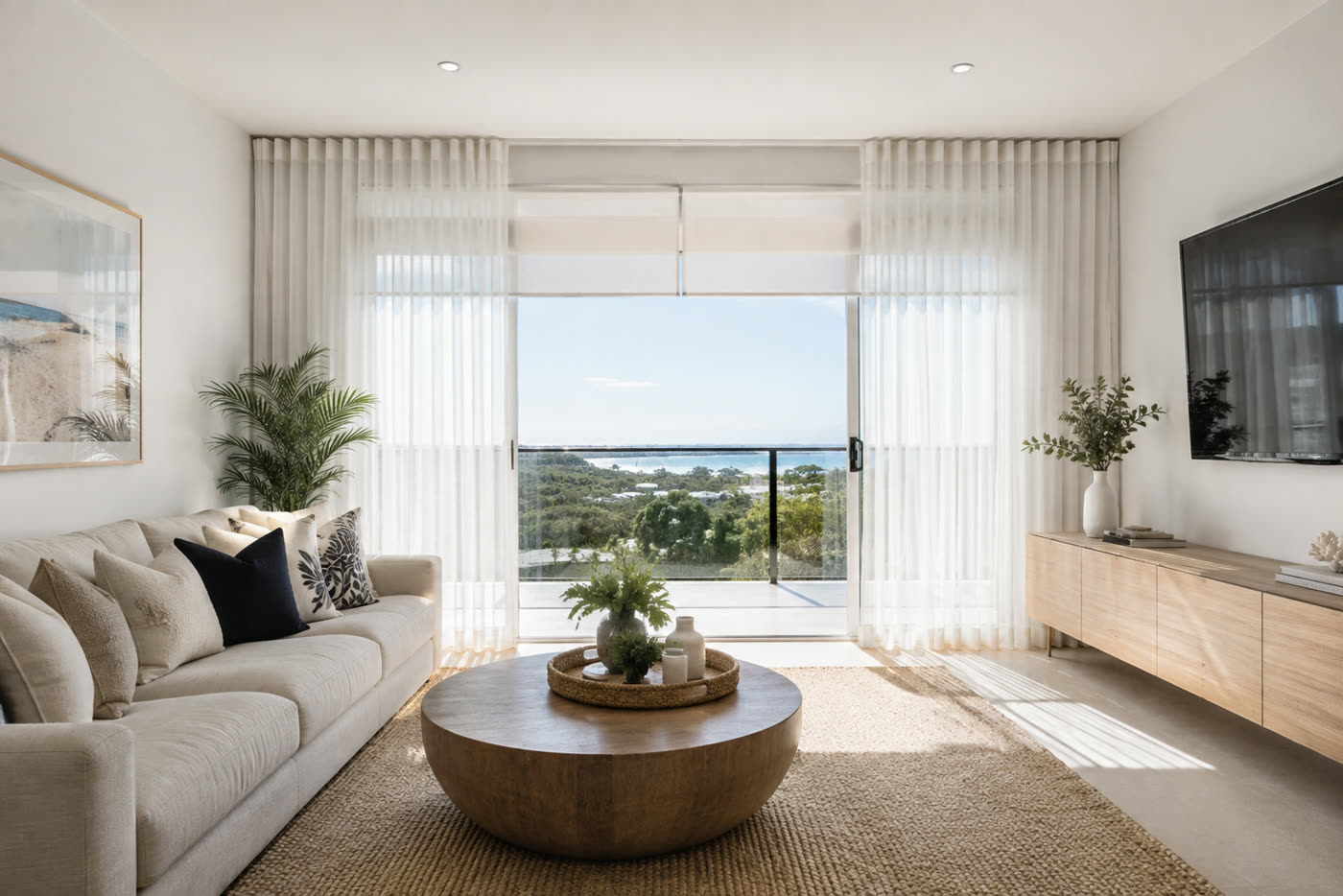 Sheer curtains layered over a roller blind in a coastal living room